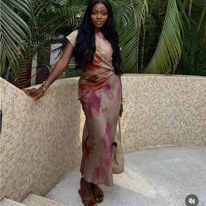 Zara Olive and Rose Tie-Detailed Satin Maxi Dress